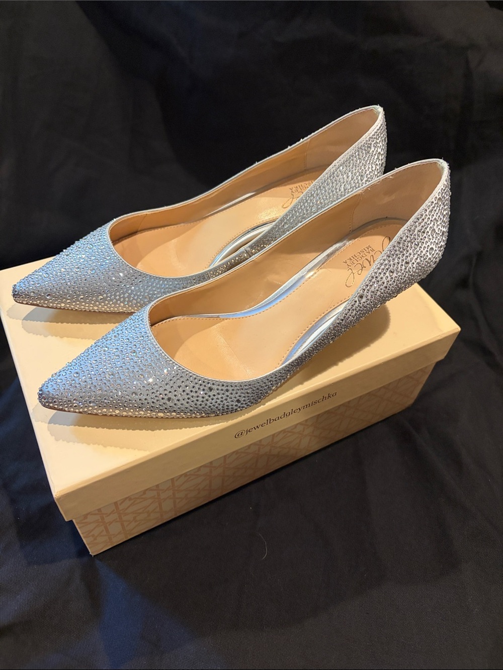 Jewel Badgley Mischka "Frenchie" Silver Crystal Pointed-Toe Kitten Heels
